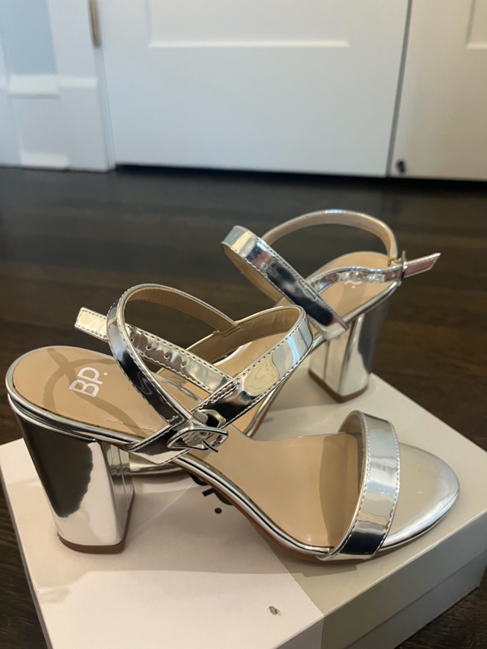 bp Metallic Silver Block Heel Sandals